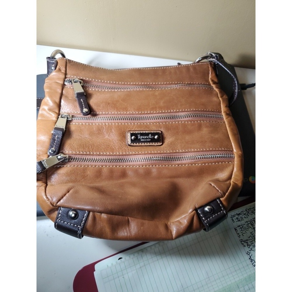 Tignanello Brown Multi-Pockets Genuine Leather Crossbody Purse. ‎ PRE-OWNED